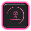 A pink and black button with the words lm broadcast